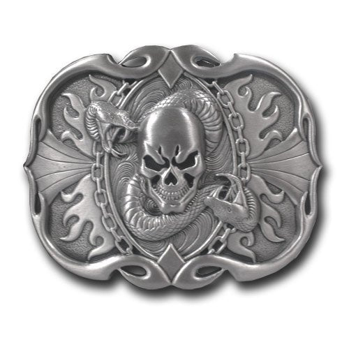 Skull & Snake Trophy Buckle - Antique Silver-3.5X2.75