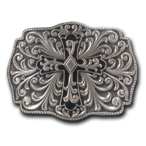 Tandy Leather Floral Cross Rectangular Trophy Pewter Finish Belt Buckle